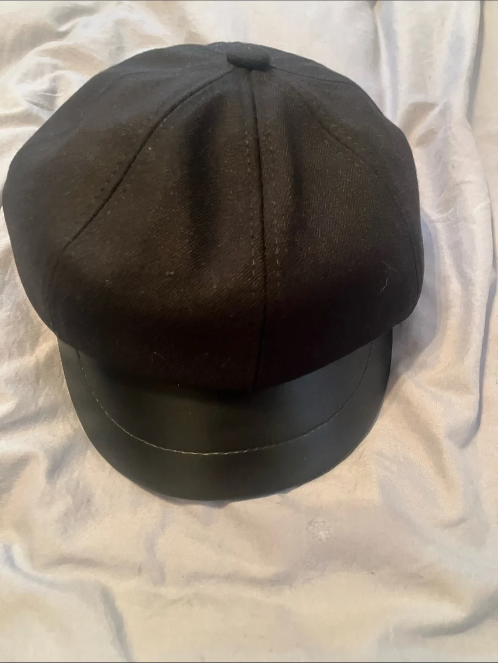 Black Baker Boy Cap with Faux Leather Brim